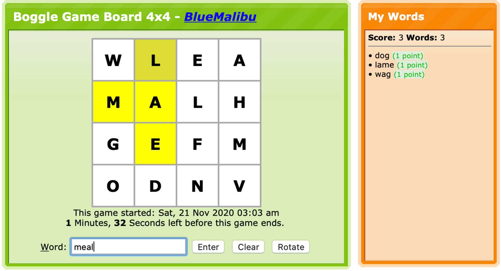 screenshot of WEBoggle game