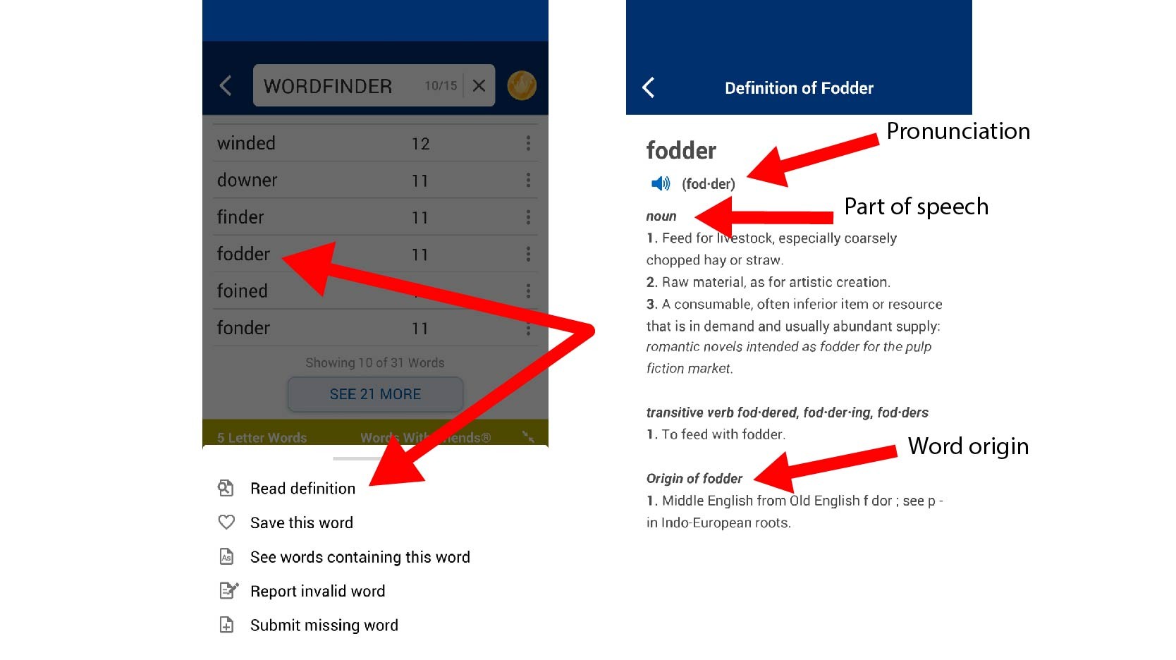 Wordfinder app read definitions of words