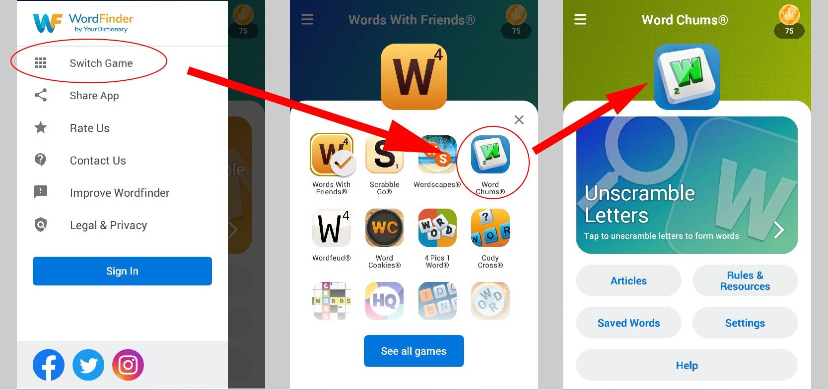 Wordfinder app change word games