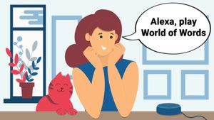 woman asking Alexa to play World of Words