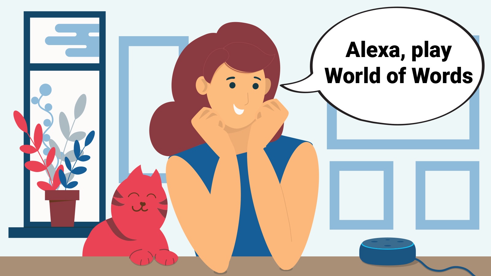 woman asking Alexa to play World of Words