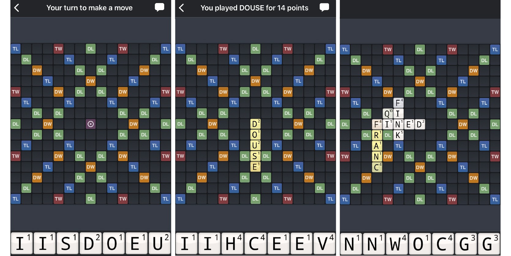 Wordfeud mobile app screenshots