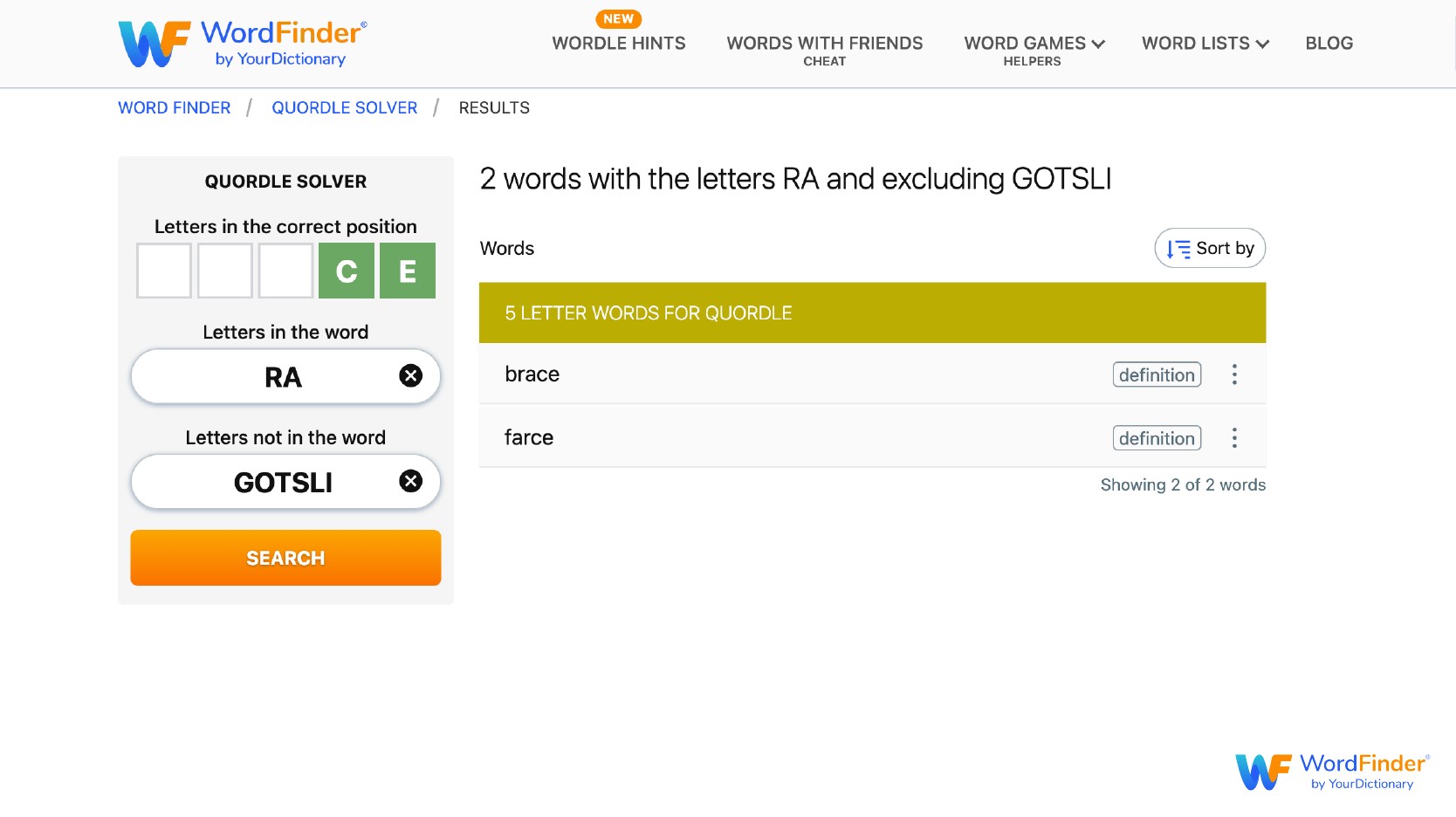 example of WordFinder's Quordle Solver