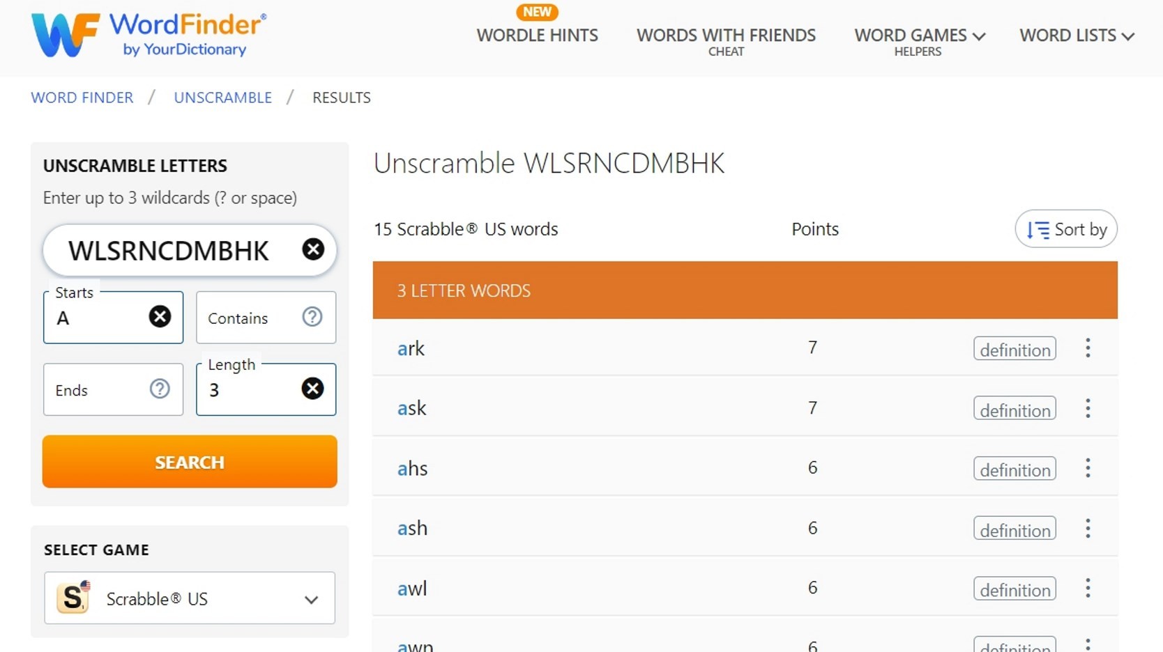 Unscramble letters with WordFinder by YourDictionary