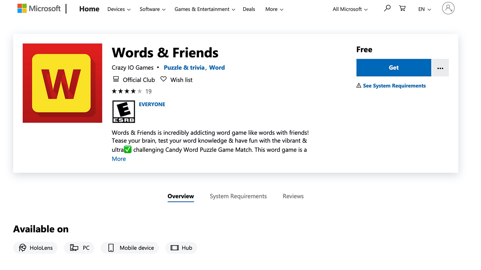 Screenshot of Words & Friends download screen
