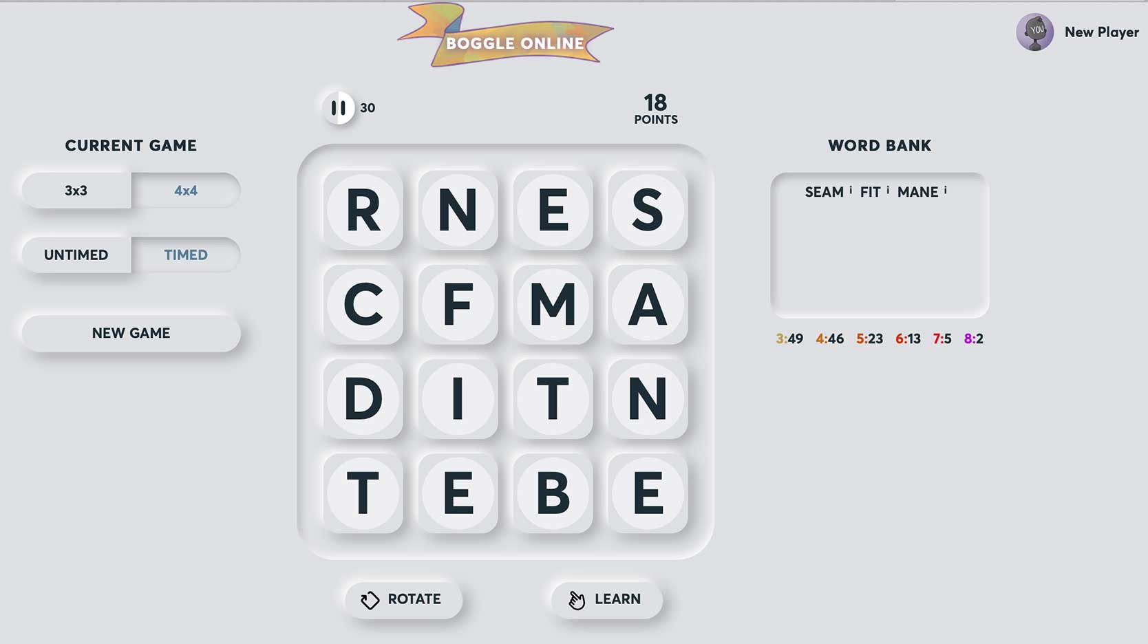 screenshot of wordshake boggle game