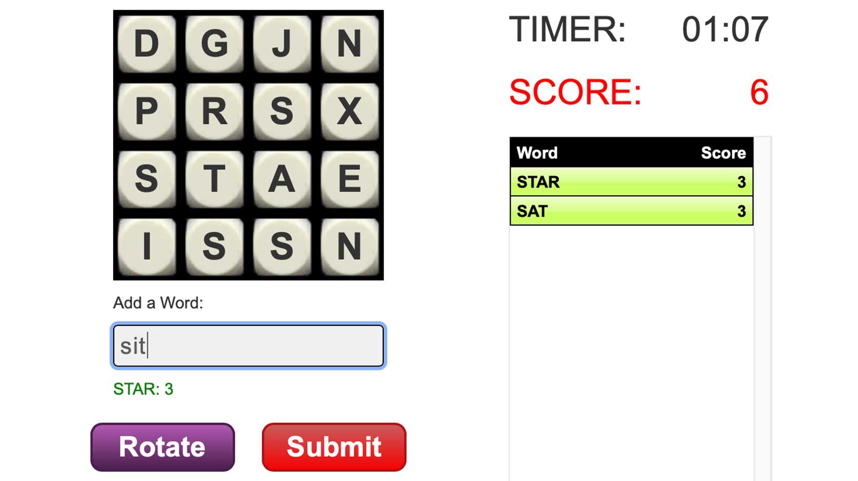 screenshot of word twist game