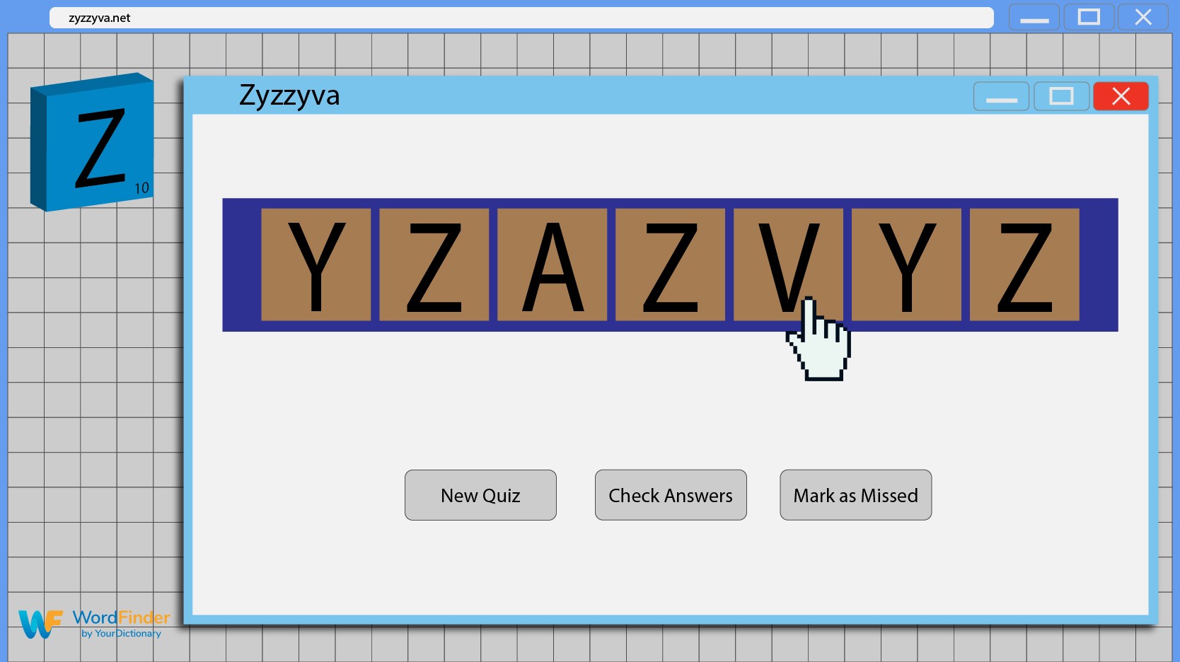 zyzzyva anagram quiz on webpage