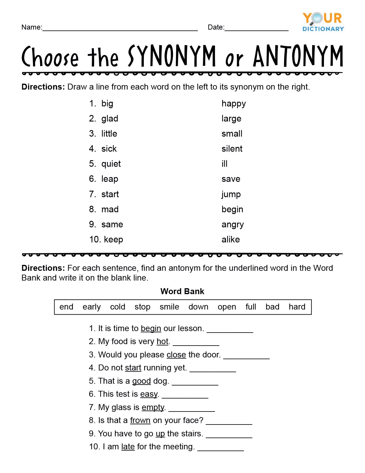 First Grade Synonyms and Antonyms Worksheets