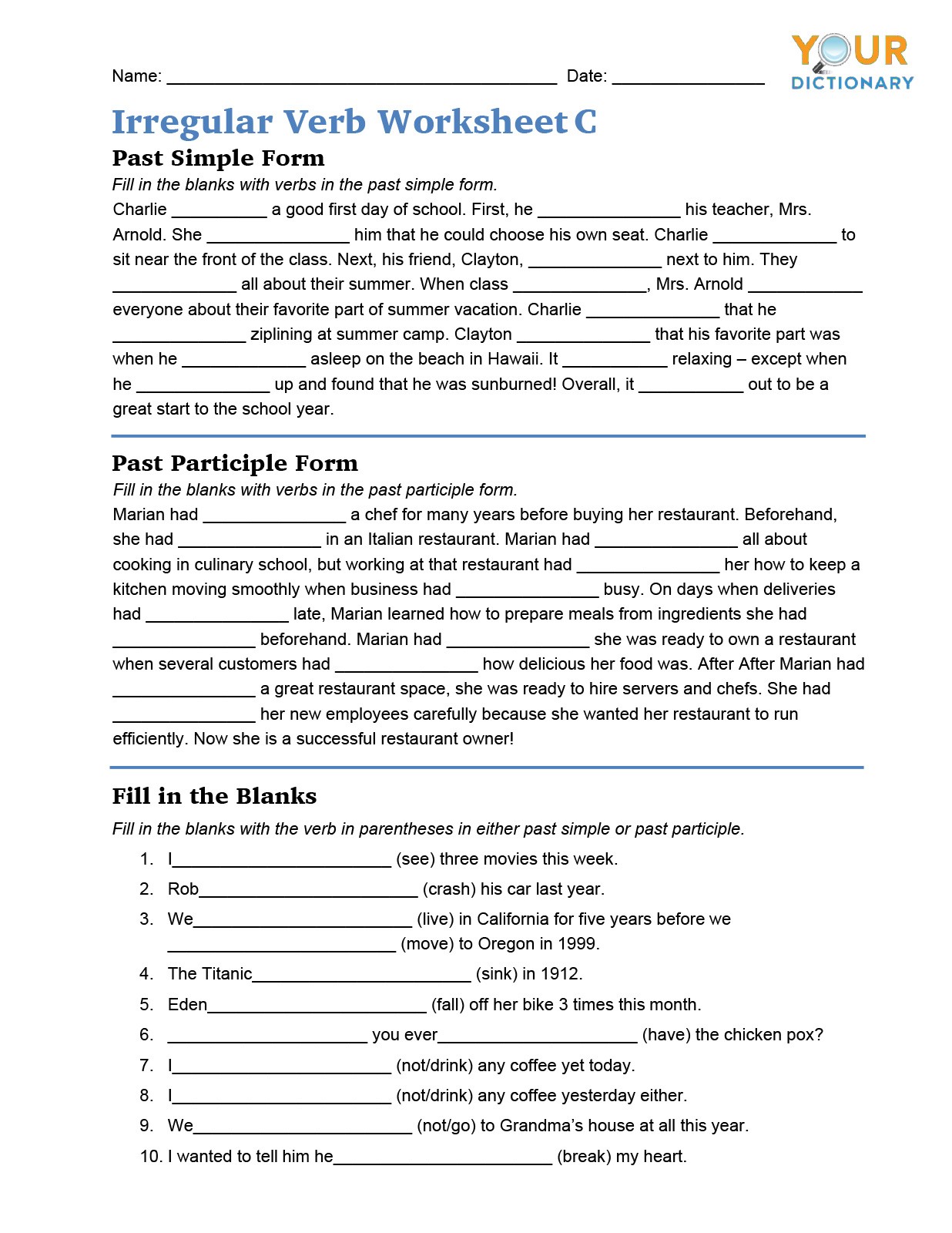 irregular verb worksheets