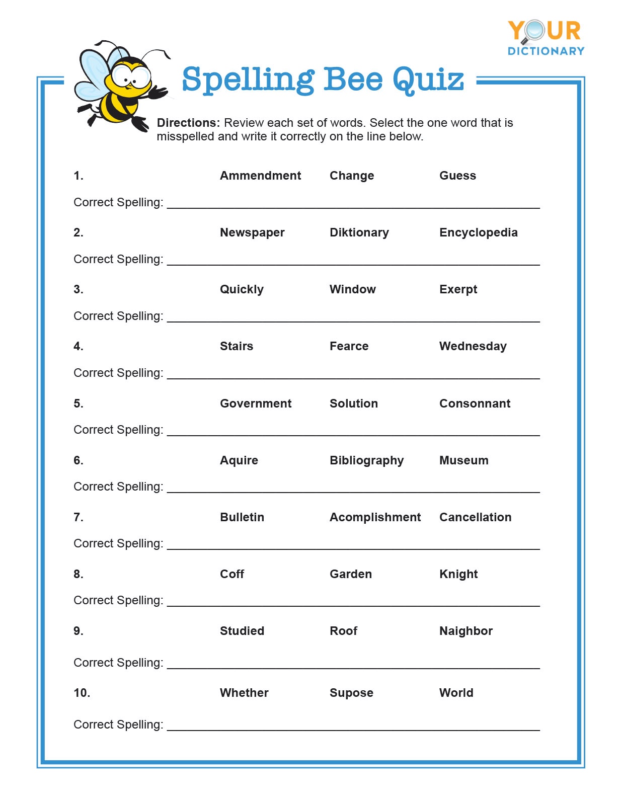 Printable Spelling Bee Score Sheet Template