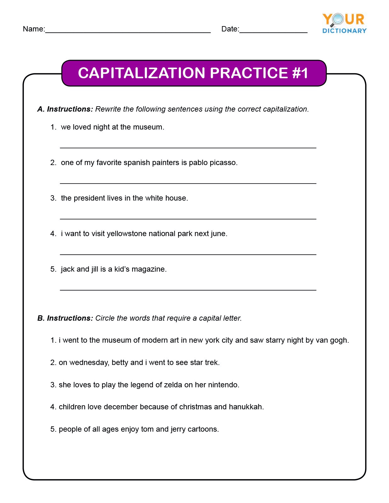 Capitalization Worksheet For 4th Grade