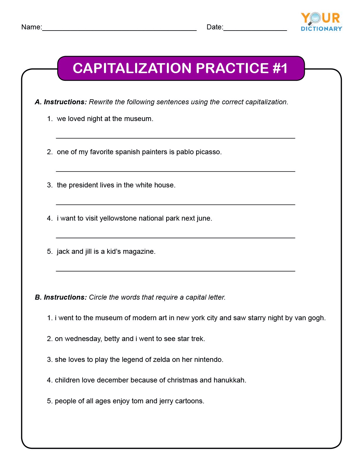 Capitalization Worksheets 4th Grade