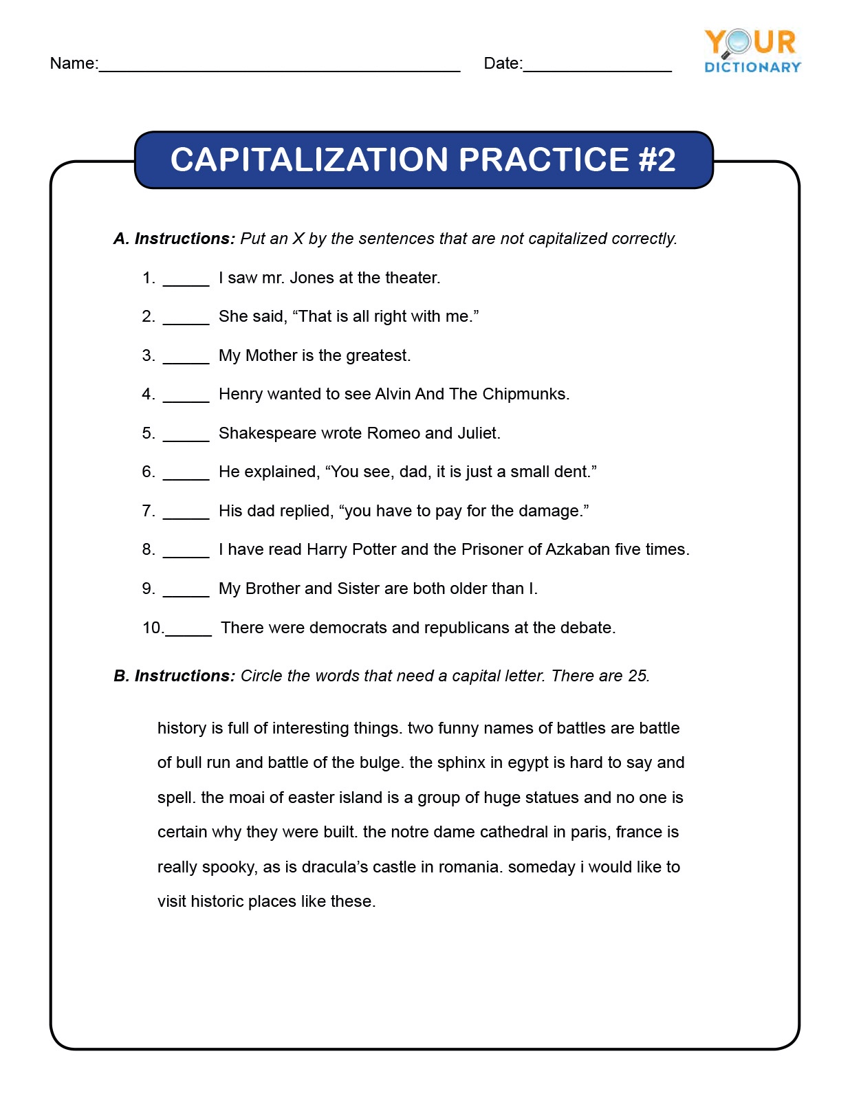 4th Grade Capitalization Worksheets