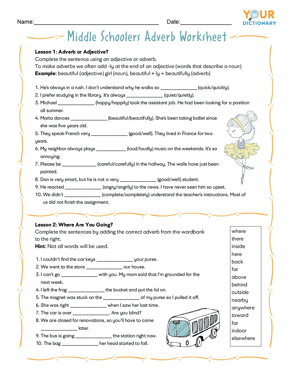 Middle School Adverb Worksheet