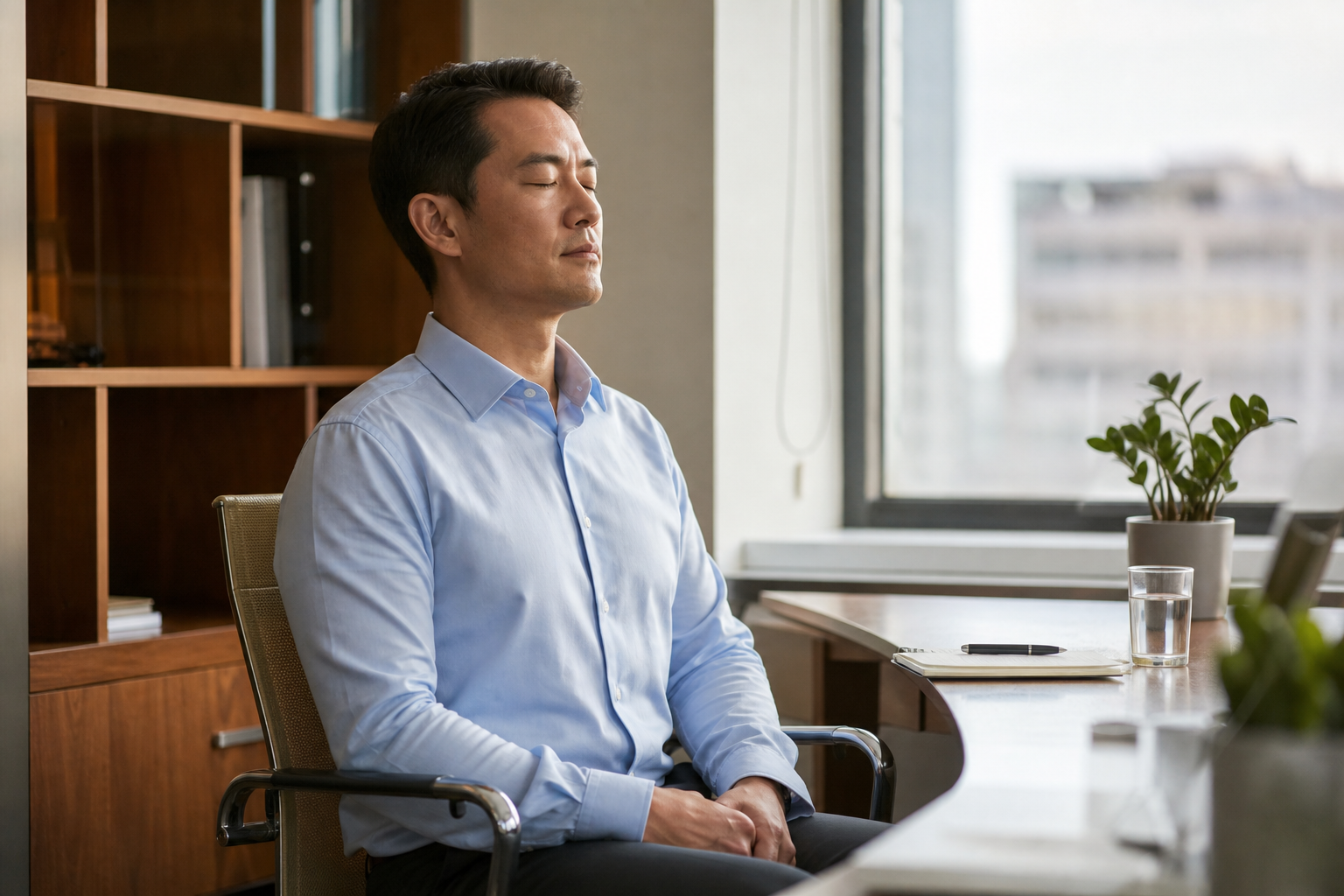 安靜的辦公室角落,一位東亞主管閉眼深呼吸坐在椅子上,雙手自然放在膝上,桌面有筆記本與水杯,窗邊柔和日光灑入,近景構圖,空間簡潔有秩序,氛圍沉穩自我調節,真實攝影風格,不含任何文字