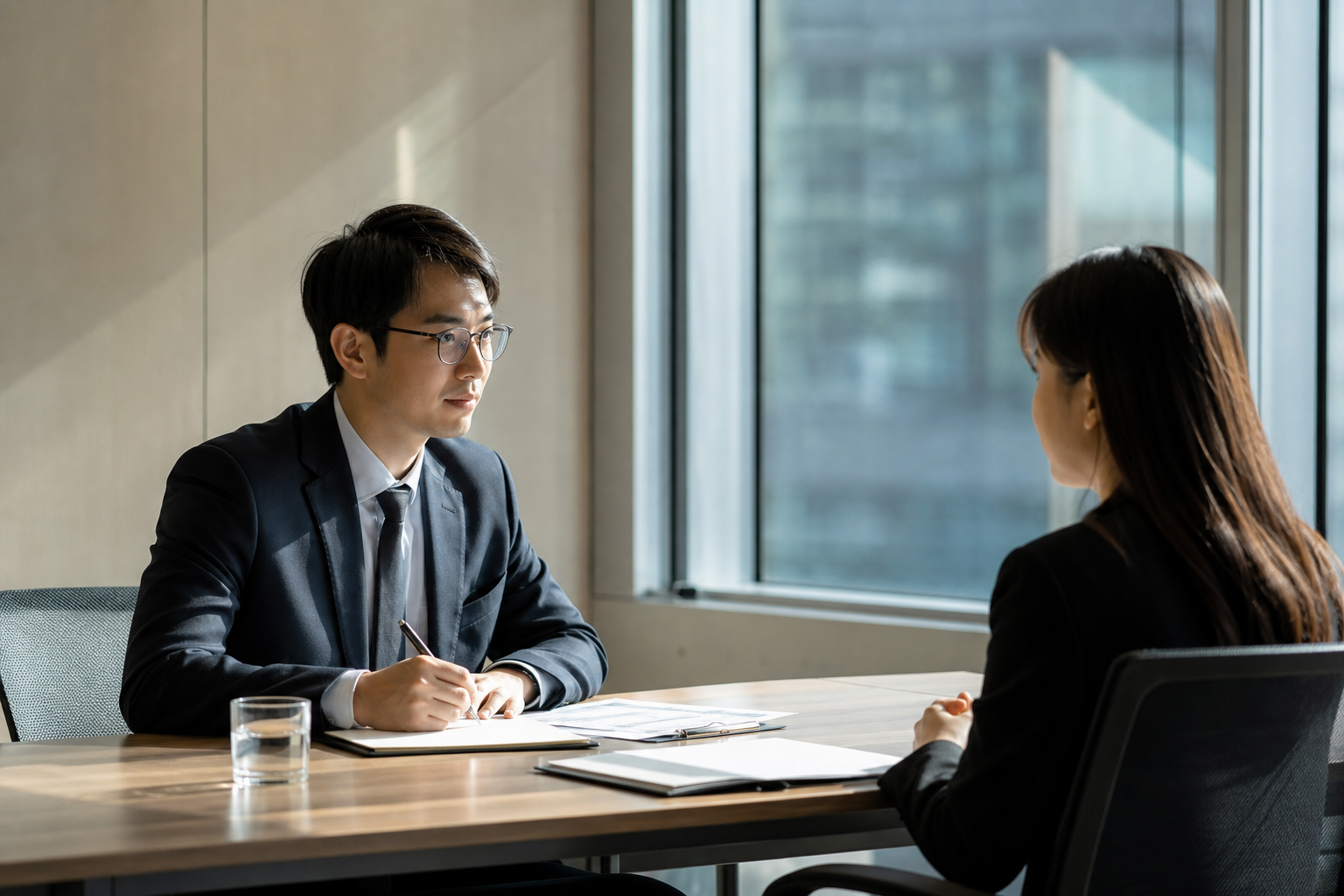 現代辦公室會議室內，一位東亞面試官與應徵者隔桌對談，桌上擺有履歷與筆記本，雙方神情專注，側面中景構圖，自然窗光灑入，空間整潔專業，氛圍理性沉穩，真實攝影風格，不含任何文字