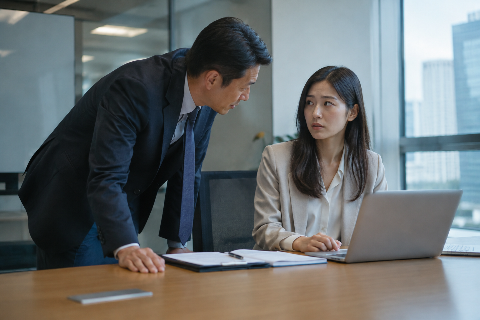 現代企業會議室中,一位主管在會議結束後留住同事低聲交談,另一位東亞上班族神情錯愕與防備,桌上有筆電與會議文件,採中景構圖,室內自然白光與柔和辦公照明交錯,空間乾淨專業,氣氛緊張而克制,真實攝影風格,不含任何文字