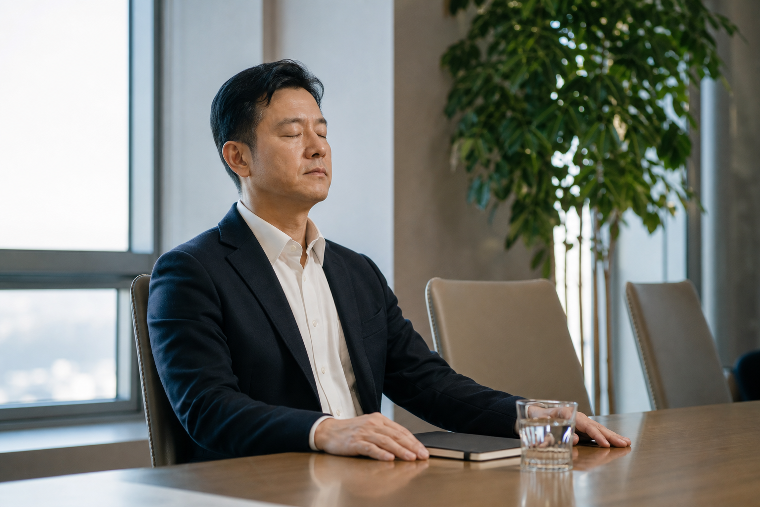 會議室內的桌邊特寫，一位東亞主管在重要會議開始前閉眼進行深呼吸，雙手自然放在桌面，桌上有筆記本與水杯，晨間柔和光線從窗邊灑入，空間安定有秩序，氛圍冷靜專注，真實攝影風格，不含任何文字