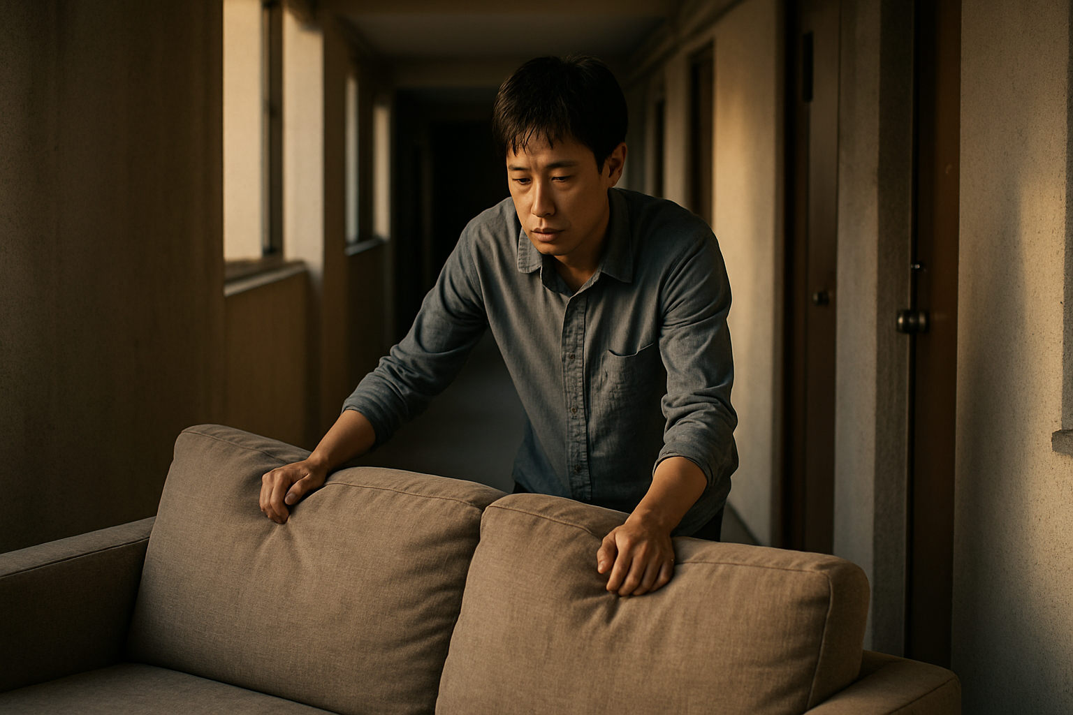 心理韌性求助練習，獨自推沙發象徵長期單扛壓力
