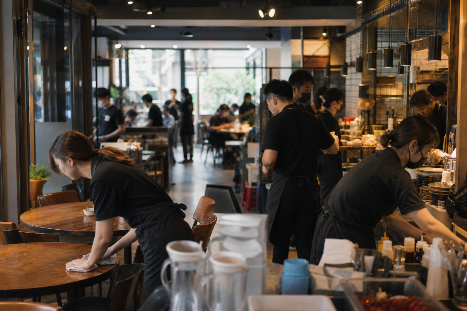 餐飲店內尖峰時段的真實攝影場景,開放式內外場空間中可見出餐台、點餐櫃檯與忙碌清潔中的桌面,無人物特寫,以廣角構圖呈現高速運轉的工作節奏,明亮室內燈光與局部自然光交錯,空間緊湊但有秩序,整體氛圍高壓、緊繃、真實,不含任何文字