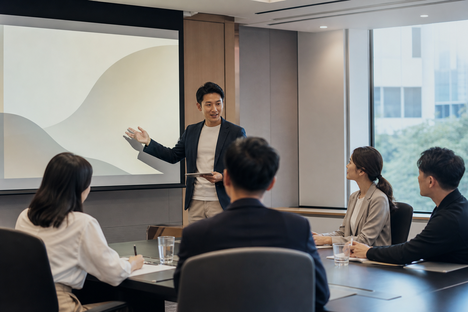 現代企業會議室內的教育訓練場景，中景構圖，一位講師站在投影幕前向數位東亞主管學員說明職場溝通與管理內容，學員專注聆聽並做筆記，自然辦公空間，柔和白色室內光與窗邊日光交錯，整體氛圍專業、理性、穩定，寫實攝影風格，不含任何文字