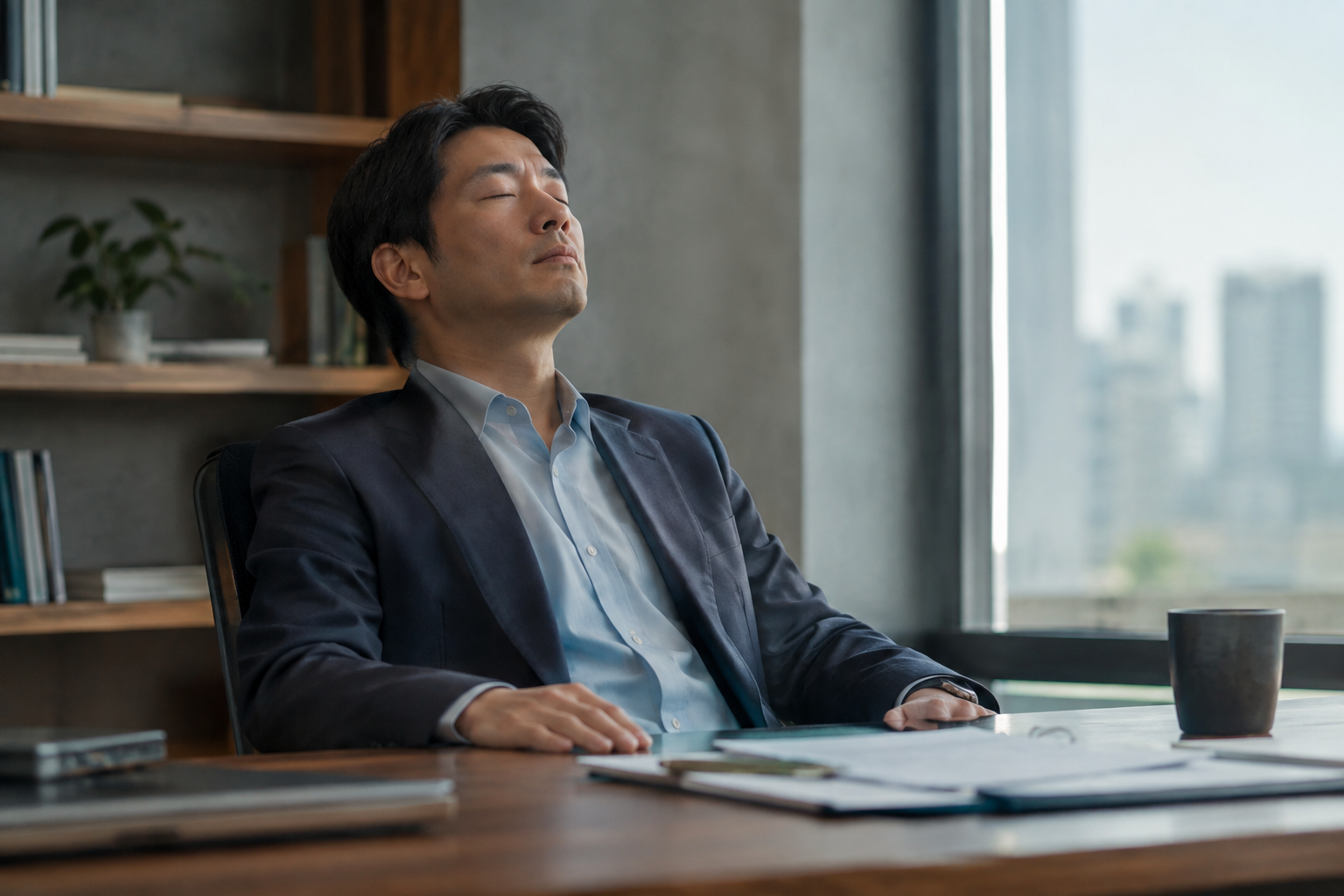 一名東亞主管獨自坐在辦公桌前暫停工作,雙手放鬆、緩慢呼吸,桌上放著文件;中景構圖,安靜的辦公空間與柔和自然光,呈現疲憊後整理思緒的氛圍,寫實攝影風格,畫面不含任何文字