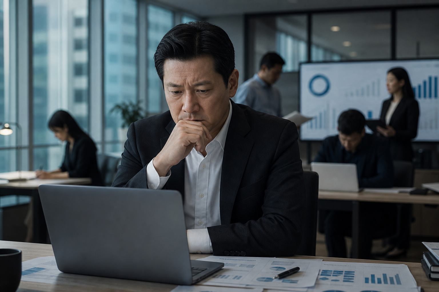 高壓企業辦公室內,一位東亞主管坐在會議桌前凝視筆電與文件,神情緊繃,背景有模糊的數據圖表與忙碌同事,室內冷色調自然光混合辦公照明,中景構圖,空間現代簡潔,氛圍緊張且壓迫,真實攝影風格,不含任何文字