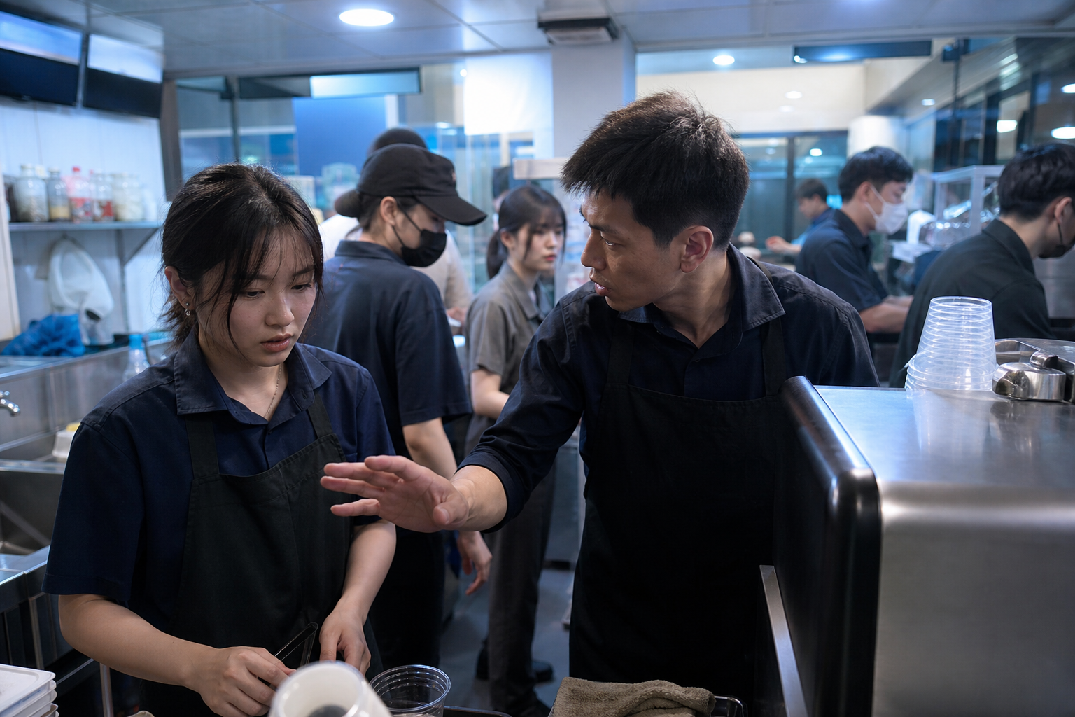 服務業門市後場空間，東亞年輕店員在尖峰時段神情緊張地看著點單與作業台，資深主管快速下達指令，畫面構圖呈現忙碌動線與壓迫感，白色冷光照明，真實店面環境，紀實攝影風格，不含任何文字