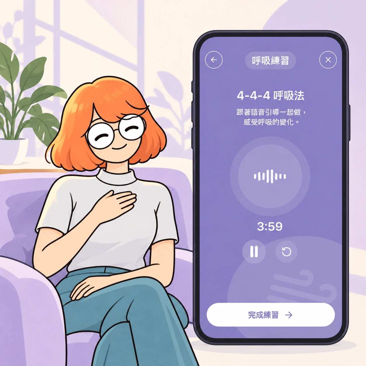 橘髮角色跟著 APP 語音引導進行呼吸練習