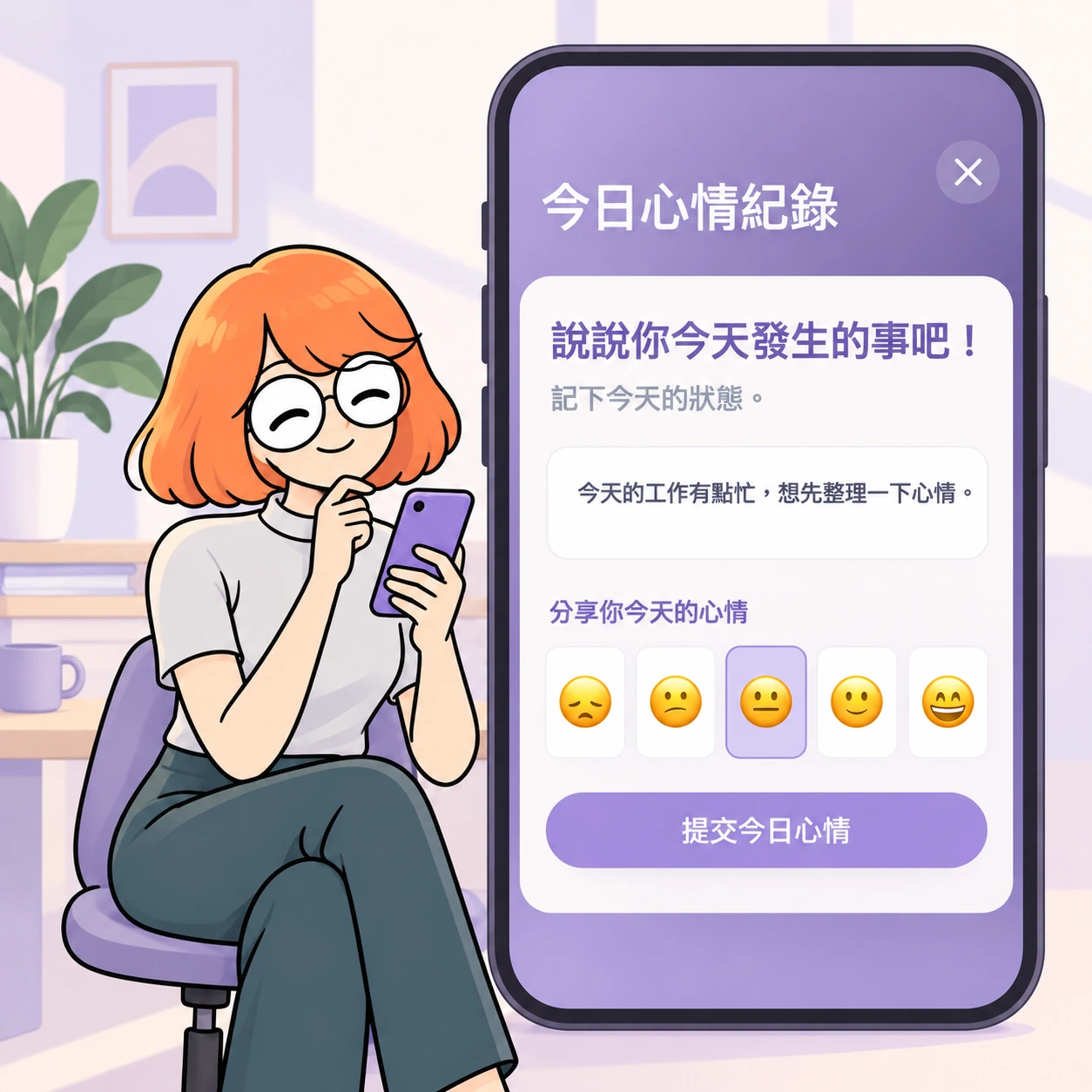 橘髮角色使用 APP 記錄工作情境與今天的心情