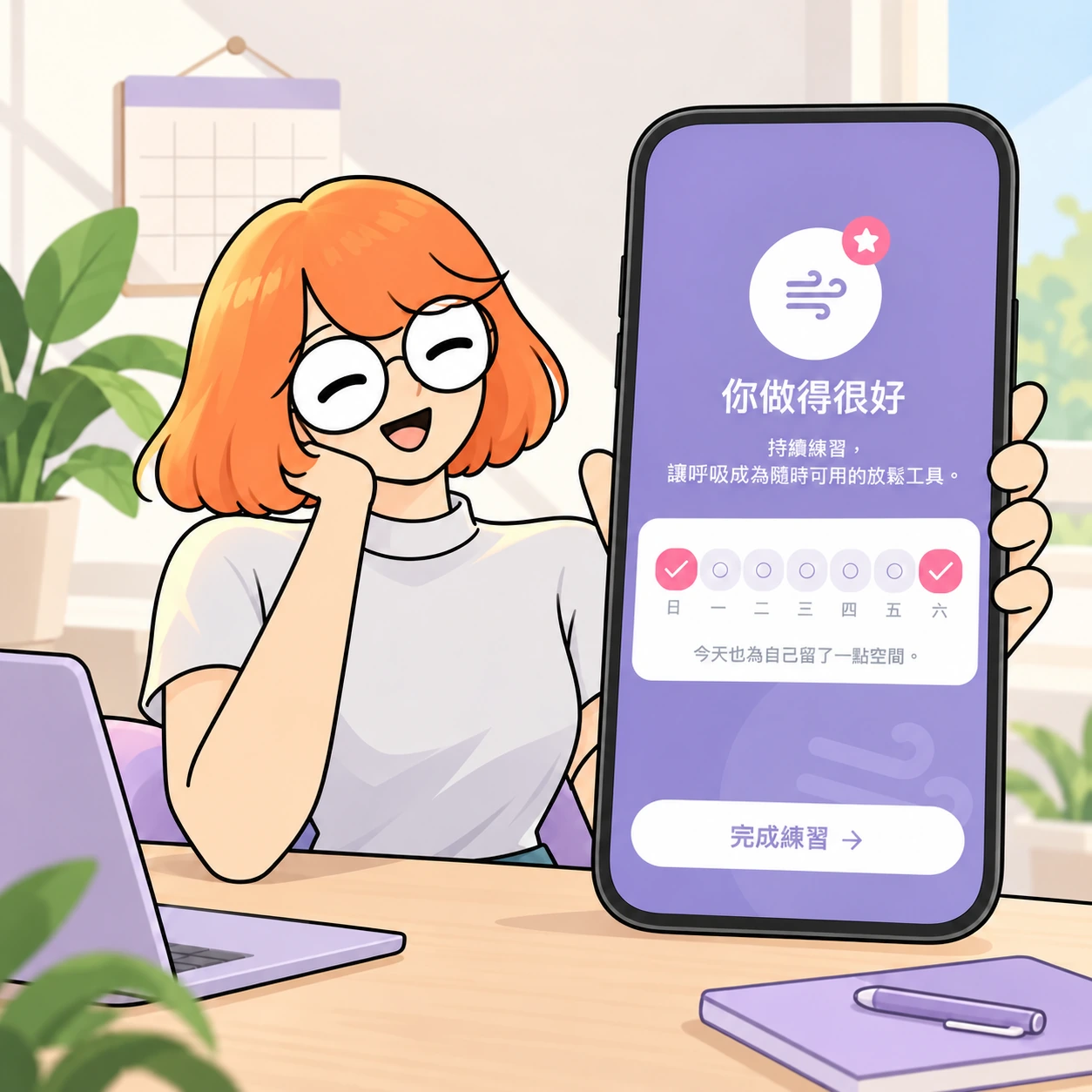 橘髮角色展示 APP 完成練習與每週練習足跡畫面