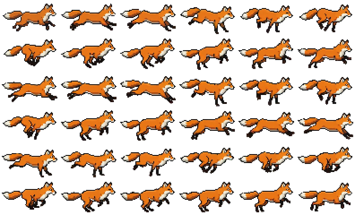 The 36-frame fox run cycle laid out as a 6 by 6 spritesheet