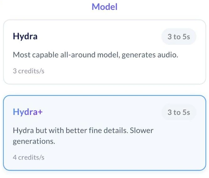 The Model picker with Hydra and Hydra+ at the top