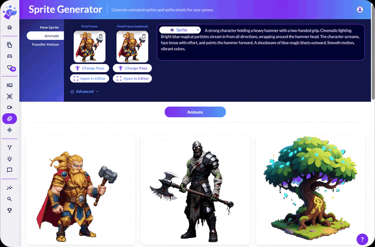Generate and Animate Custom Sprites and Sprite Sheets for Your Games - Create unique, game-ready 2D assets in minutes. Go from a text description to a fully animated character with a downloadable sprite sheet — no artistic or animation skills required.