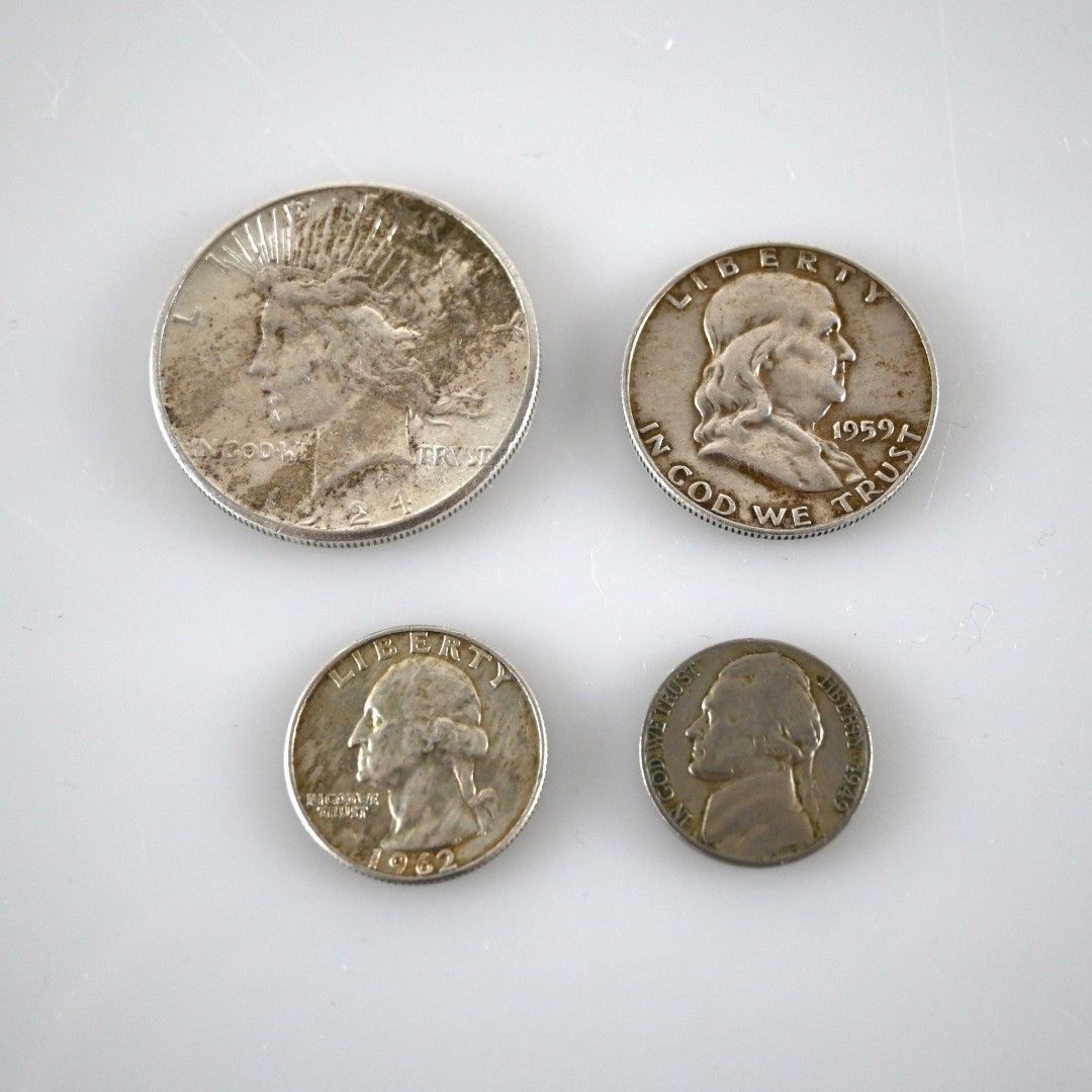 One dollar 1924, half dollar 1959, 5 cent 1949, Quarter dollar 1962