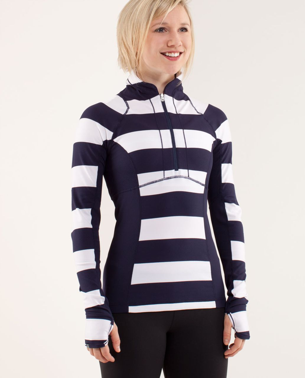 Lululemon Run:  Switch Back 1/2 Zip - Wide Bold Stripe White Deep Indigo /  Deep Indigo