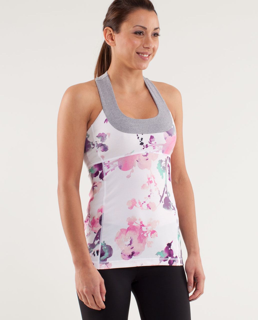 Lululemon Scoop Neck Tank - Blurred Blossoms White  /  Heathered Fossil