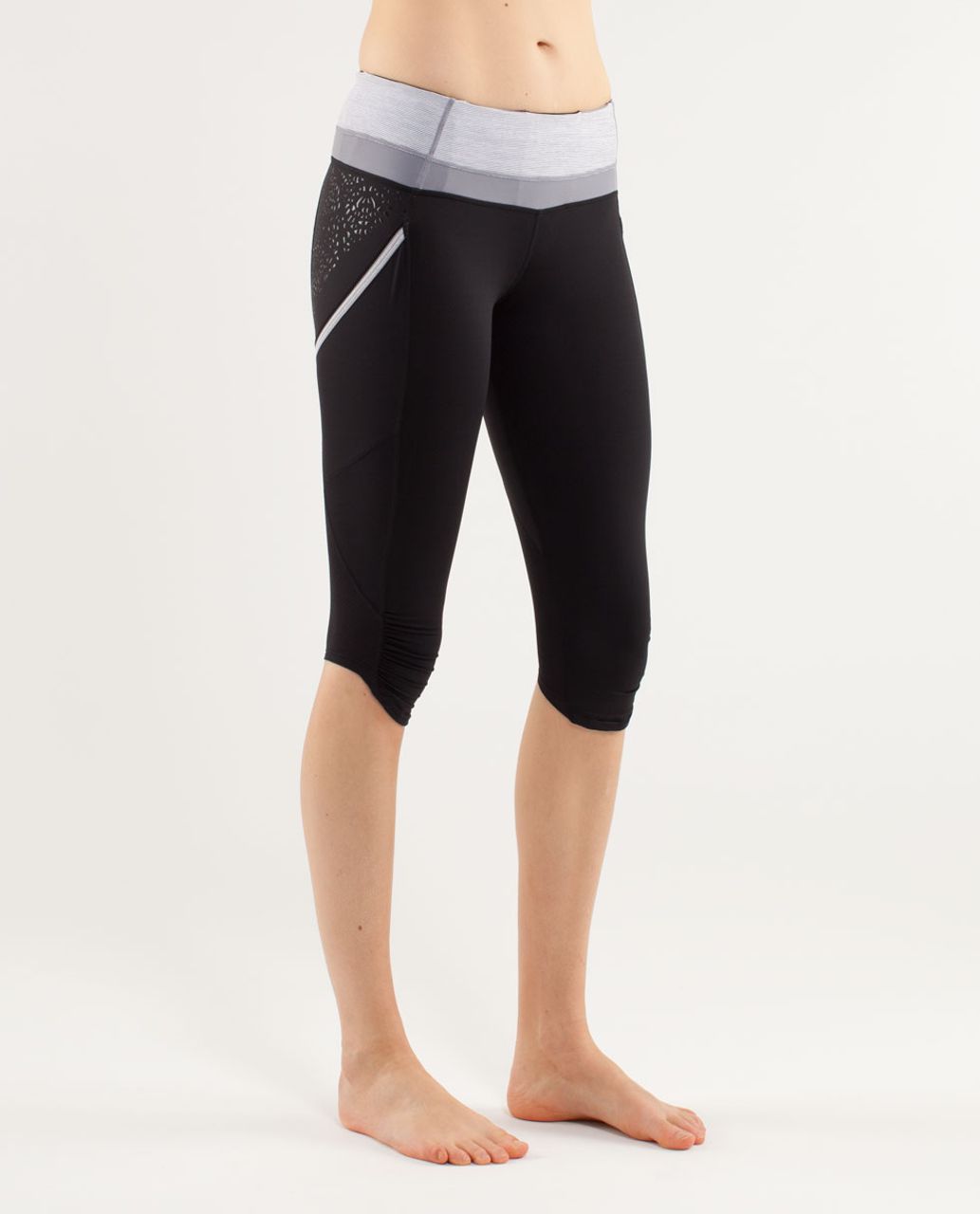 Lululemon Run A Marathon Crop - Black /  Wee Stripe White Fossil /  Fossil