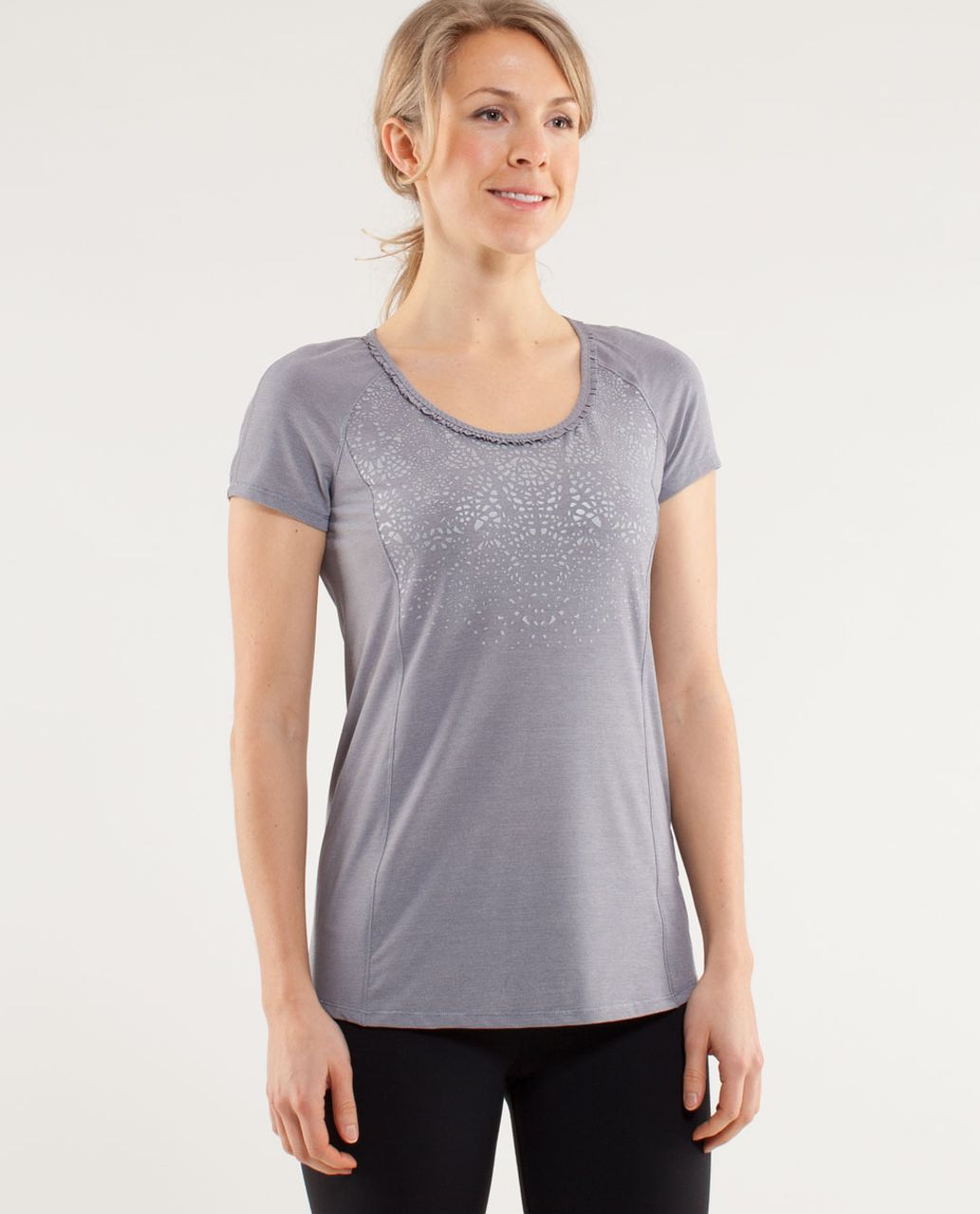 Lululemon Run:  Wild Short Sleeve Tech - Heathered Fossil /  Cut-out Lace Reflective Print