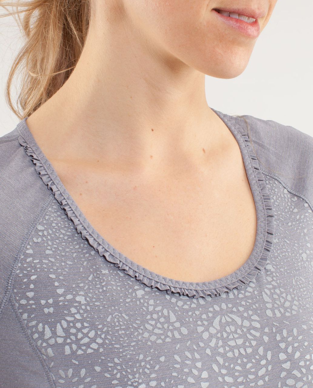 Lululemon Run:  Wild Short Sleeve Tech - Heathered Fossil /  Cut-out Lace Reflective Print