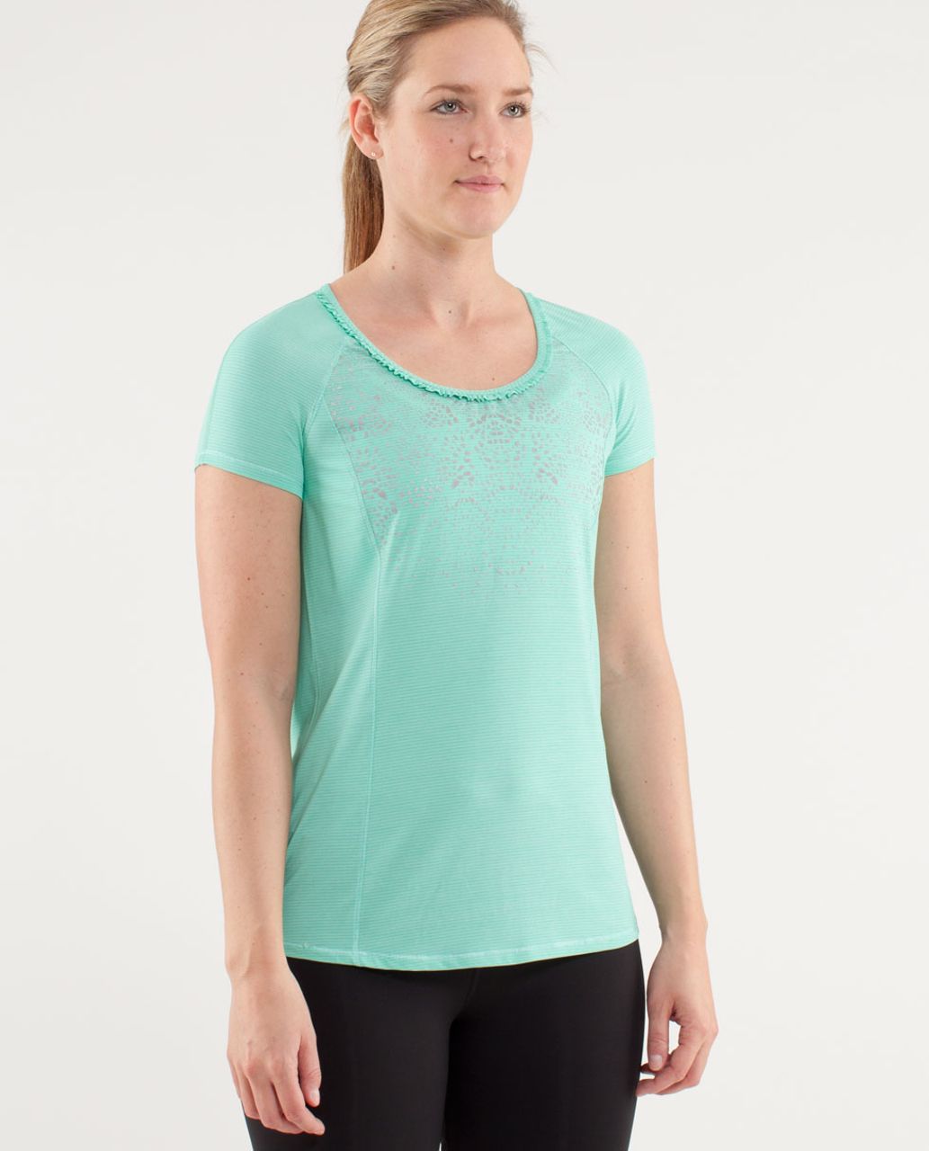 Lululemon Run:  Wild Short Sleeve Tech - Heathered Menthol /  Cut-out Lace Reflective Print