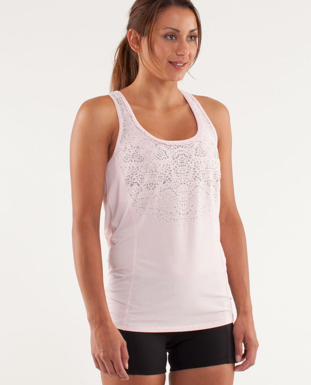 Lululemon Run:  Silver Bullet Sleeveless Tech - Blush Quartz /  Cut-out Lace Reflective Print