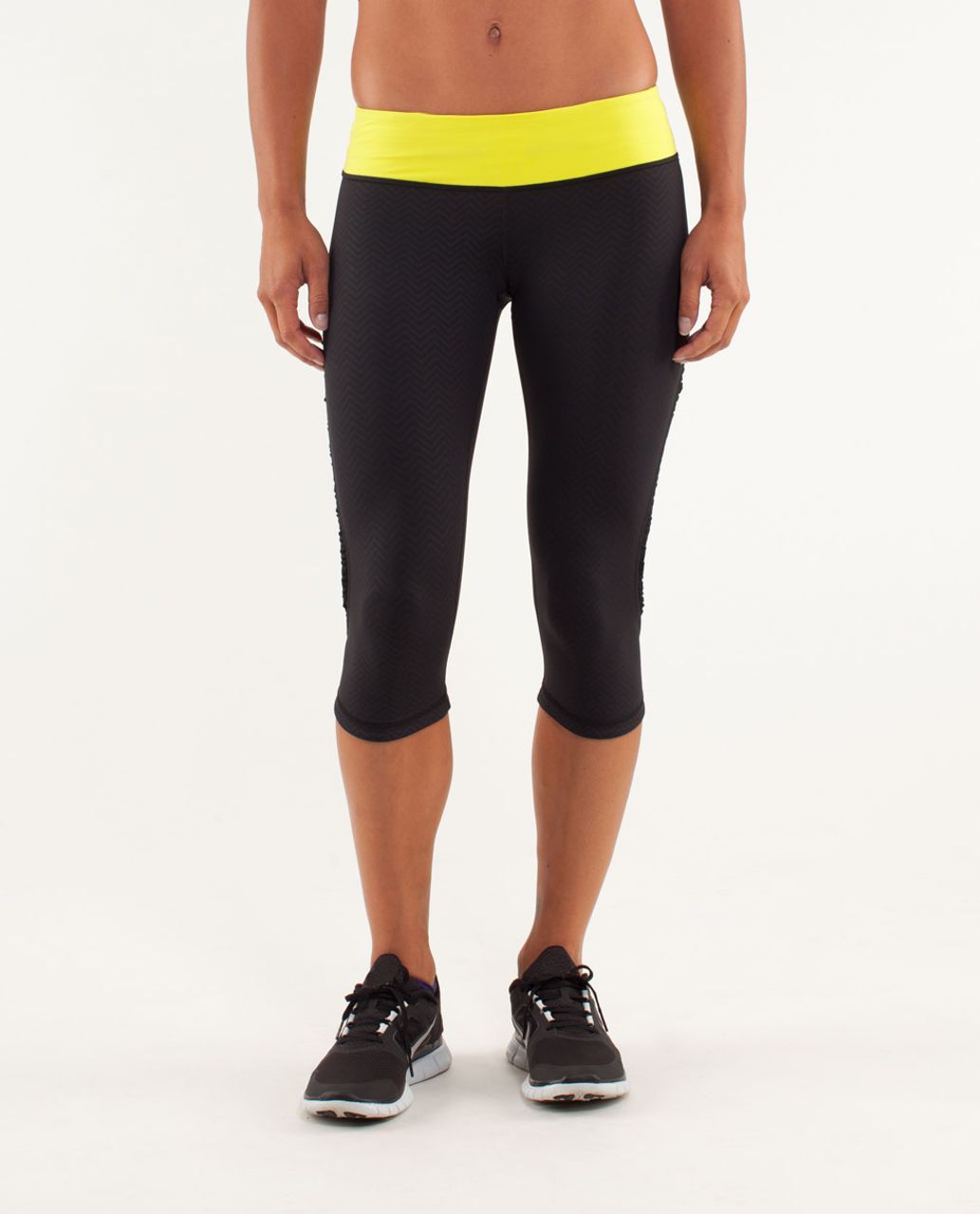 Lululemon Run: Fast And Free Crop - Mini Squiggle Emboss Black / Split Pea  - lulu fanatics