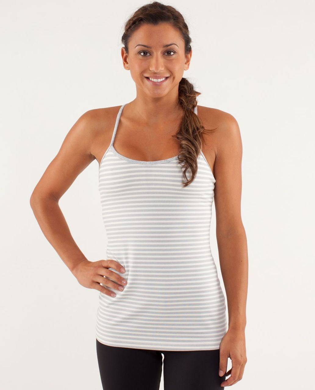 Lululemon Power Y Tank *Luon Light - Half Micro Macro Stripe Polar Cream Heathered Silver Slate / Rose Herringbone Polar Cream