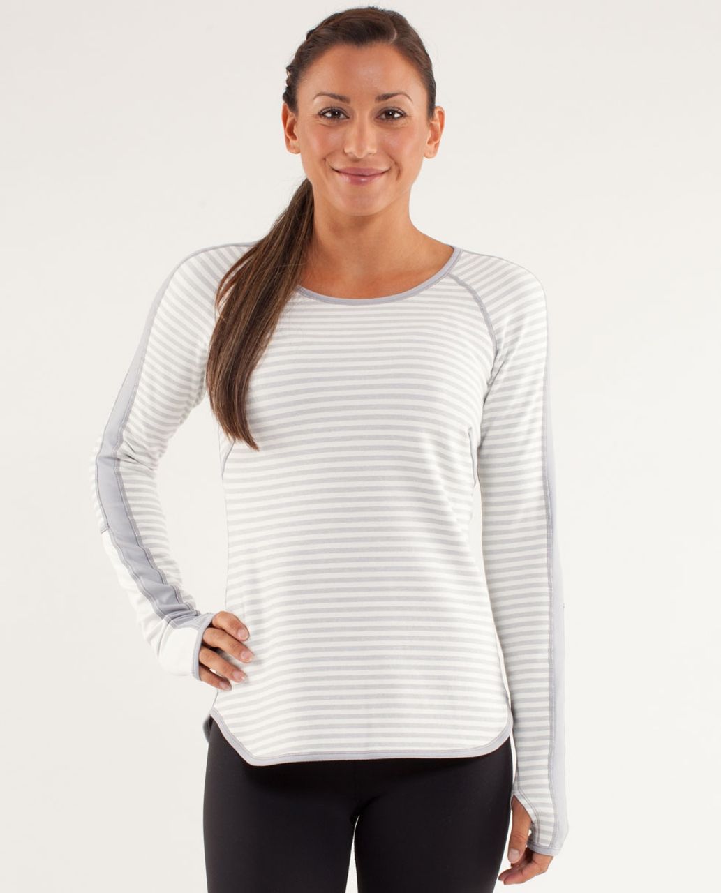 Lululemon Runder Under Long Sleeve - Macro Micro Stripe Polar Cream H. Silver Slate / Heathered Coal / Polar Cream / Silver Slate