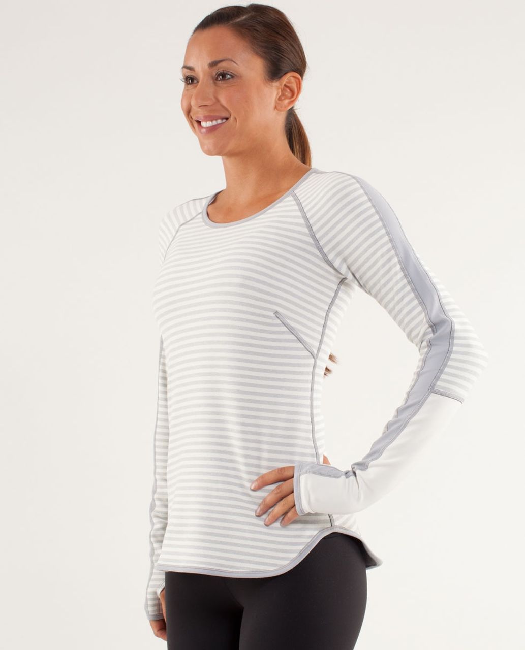 Lululemon Runder Under Long Sleeve - Macro Micro Stripe Polar Cream H. Silver Slate / Heathered Coal / Polar Cream / Silver Slate