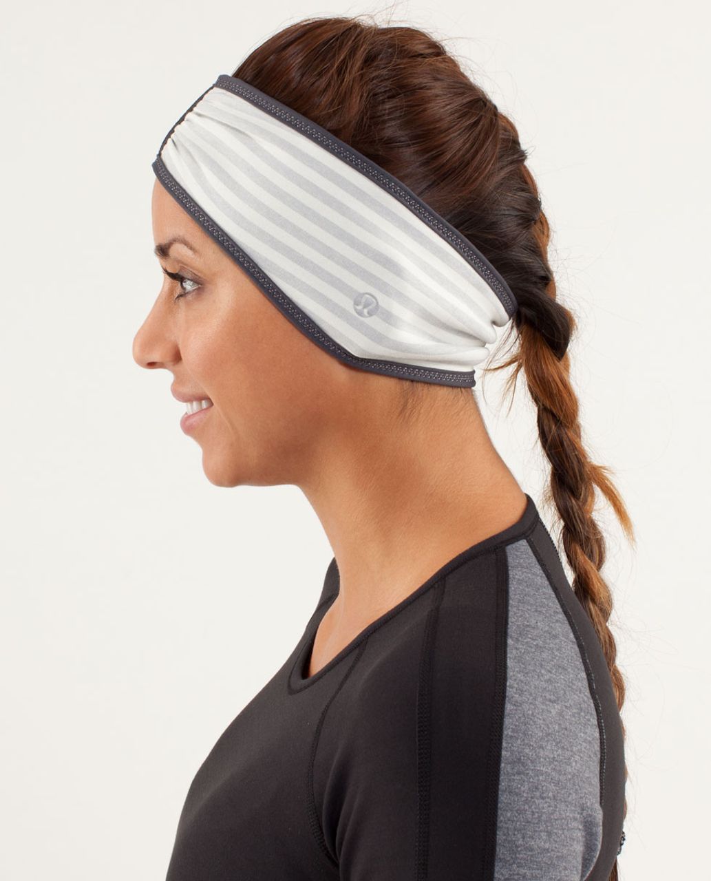 Lululemon Brisk Run Headband - Macro Micro Stripe Polar Cream H. Silver Slate / Heathered Coal