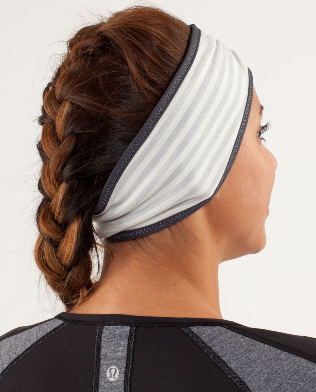Lululemon Brisk Run Headband - Macro Micro Stripe Polar Cream H. Silver Slate / Heathered Coal