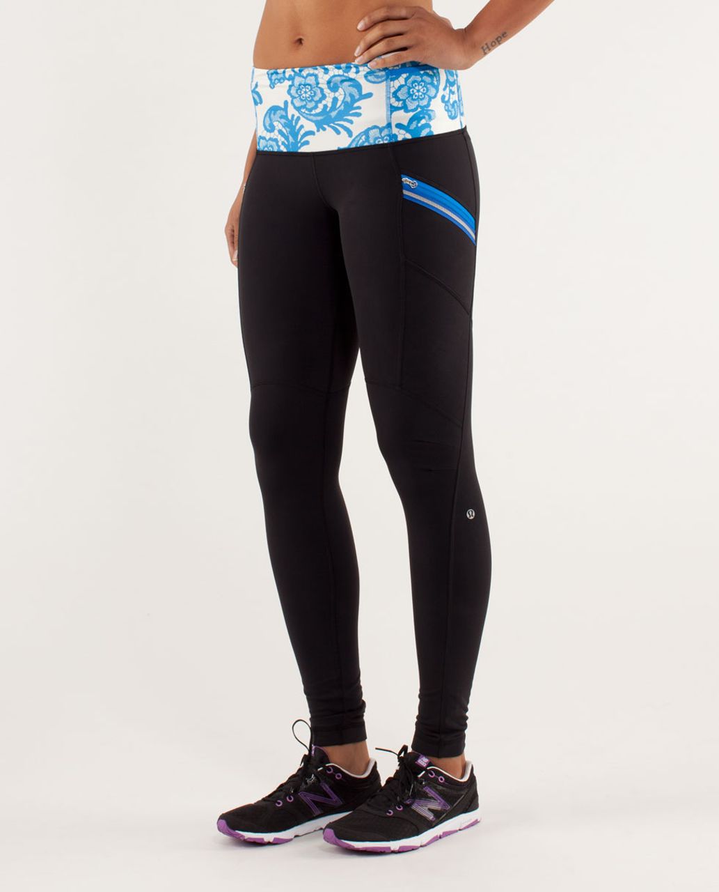 Lululemon Run:  Toasty Tech Tight - Black / Laceoflage Polar Cream Beaming Blue / Polar Cream